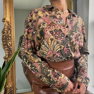 Vintage 70s Retro Paisley Print Button Up Blouse